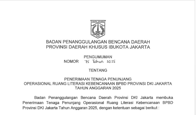 Penerimaan Tenaga Penunjang Operasional Ruang Literasi Kebencanaan TA 2025